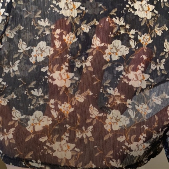 Zara sheer black floral blouse with ruffle & tie. Large. - Picture 5 of 8